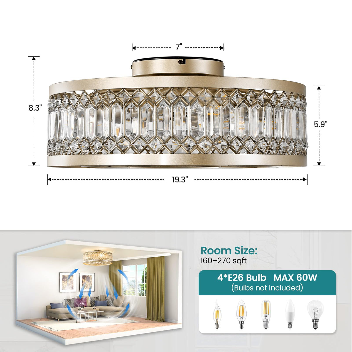 Caged Ceiling Fan with Lights 20" Crystal Gold Fandelier Low Profile Ceiling Fan with Remote Flush Mount Enclosed Bladeless Chandelier Fan Light for Bedroom Kitchen Living Room (Gold B)