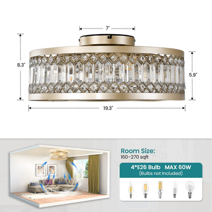 Caged Ceiling Fan with Lights 20" Crystal Gold Fandelier Low Profile Ceiling Fan with Remote Flush Mount Enclosed Bladeless Chandelier Fan Light for Bedroom Kitchen Living Room (Gold B)