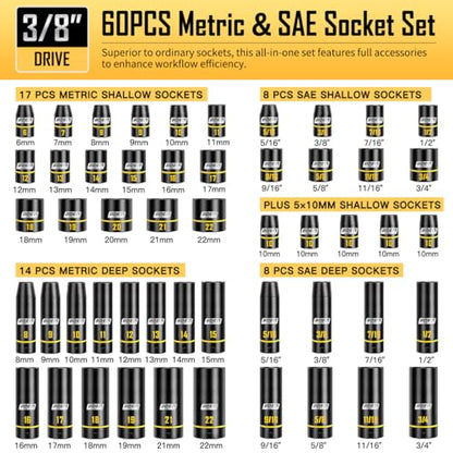 60-Piece/67-Piece 3/8" Drive Impact Socket Set, Metric & SAE Shallow Deep Socket Kit with Swivel Sockets, Extensions, Adapters & Universal Joint