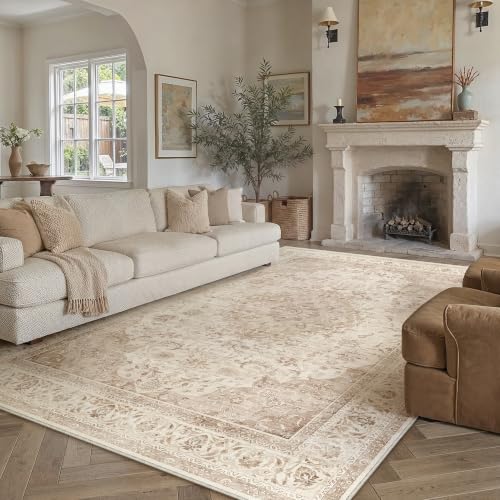 8x10 Beige Washable Area Rug Non Slip Vintage Carpet (Vintage | Beige / 8' x 10' (Rectangular))