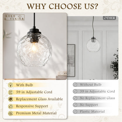 8" Modern Pendant Lights Kitchen Island Black Mid Century Modern Pendant Light Fixtures with Clear Glass Globe Modern Hanging Pendant Light for Bathroom Dining Room （Bulb Incl.） (Black & Hammered Glass / 8 Inch)