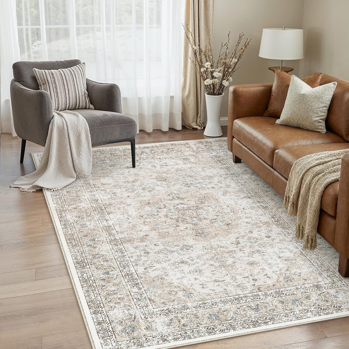 3x4 Washable Area Rug Beige Grey Non Slip Vintage Carpet (Vintage | Beige Multi / 3' x 4' (Rectangular))