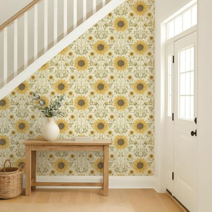 Vintage Sunflower Peel and Stick Wallpaper Boho Floral Removable Wallpaper Yellow Green Flower Contact Paper Waterproof Self‑Adhesive Wall Papaer for Bedroom Living Room Decor 17.3" x 78.7" (Yellow / 17.3" x 78.7")