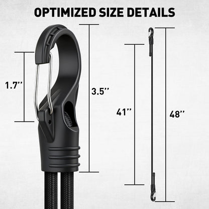 4-Piece 48-inch Adjustable Bungee Cords with Hooks, Easily Adjust from 7" to 48", Heavy Duty Outdoor Carabiner Bungee Cords, Black Super Elastic Cord for Cargo, Camping, Tents, Luggage (4pcs 48" Adjustable Black)