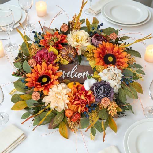 Artificial Harvest Fall Wreaths for Front Door 24 Inch Autumn Wreath (Fall Welcome Wreath)