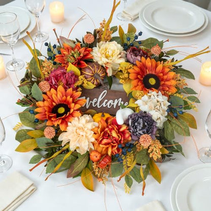 Artificial Harvest Fall Wreaths for Front Door 24 Inch Autumn Wreath (Fall Welcome Wreath)