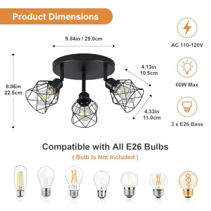 3 Light Black Farmhouse Kitchen Semi Flush Mount Ceiling Light (Black / 3-light)