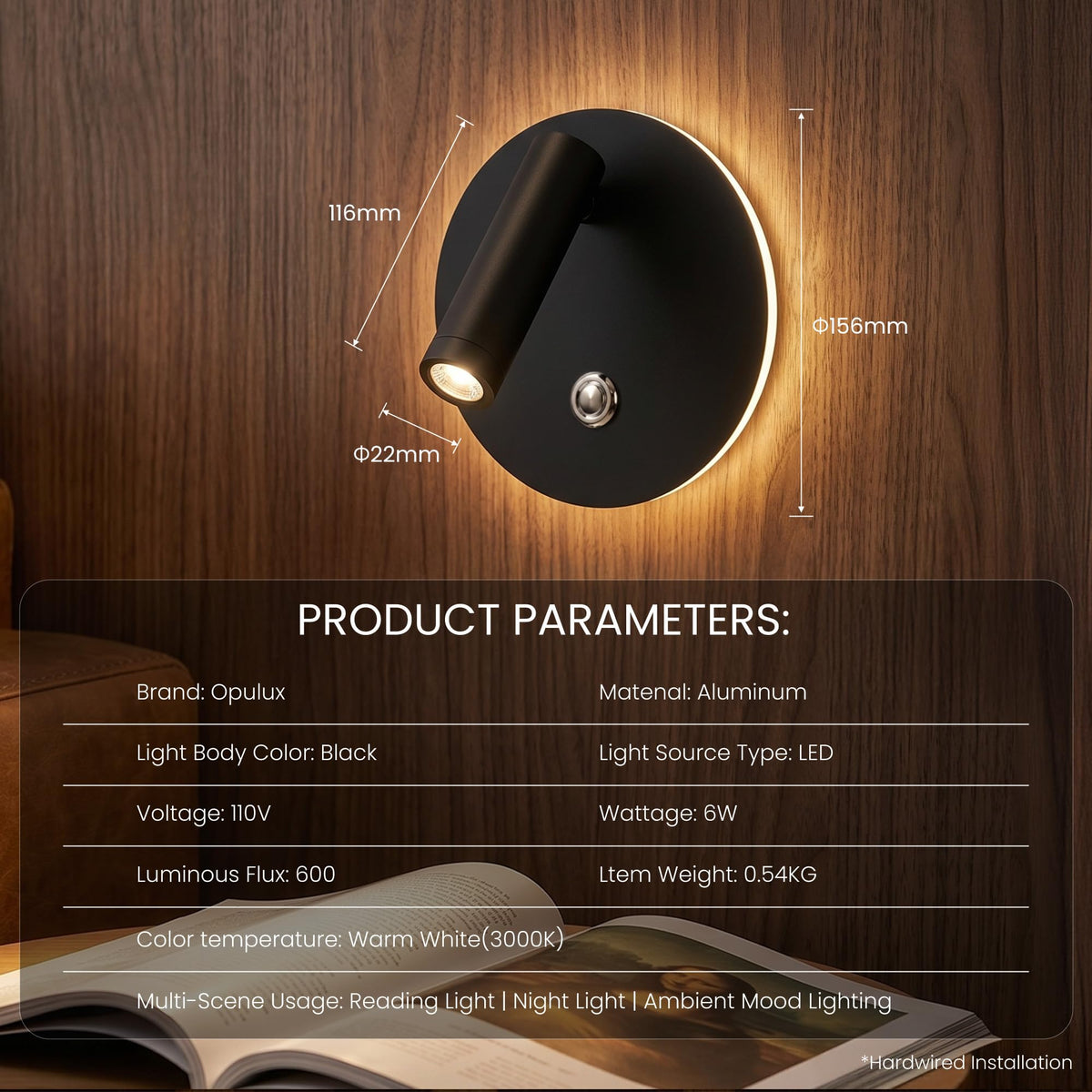 6W LED Bedside Wall Sconce with Switch (Black 2Pcs)