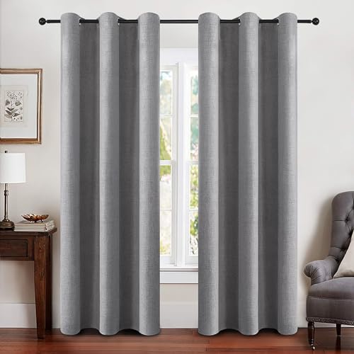 100% Blackout Linen Curtains for Bedroom 42x90 Inches Grey (Grey / 42"W x 90"L (Pack of 2))