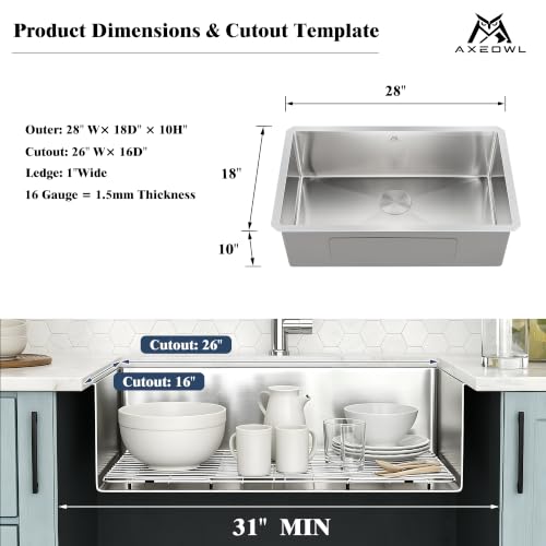 Workstation Undermount Kitchen Sink 16 Gauge Stainless Steel Ledge Single Bowl Sink with Bamboo Cutting Board Roll