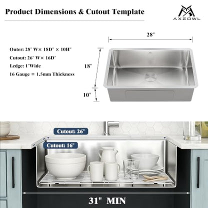 Workstation Undermount Kitchen Sink 16 Gauge Stainless Steel Ledge Single Bowl Sink with Bamboo Cutting Board Roll