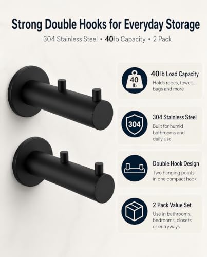 Wall Hooks Heavy Duty Double Black Hooks for Wall (Matte Black)