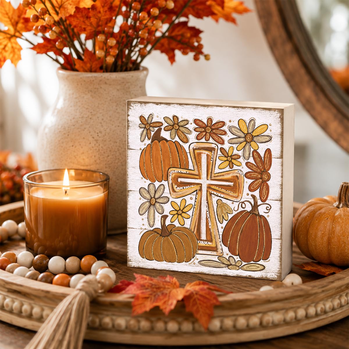 Fall Decorations for Home Christian Cross Pumpkin Sign Fall Decor (FALL71)