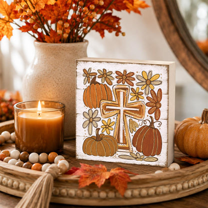 Fall Decorations for Home Christian Cross Pumpkin Sign Fall Decor (FALL71)