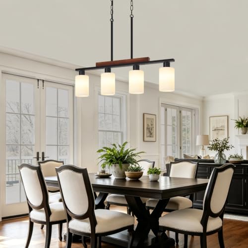 Farmhouse Island Lights for Kitchen Black Dining Room Light Fixtures Over Table with White Shade Wood Linear Chandelier Lighting with Adjustable for Kitchen Island Dining Room