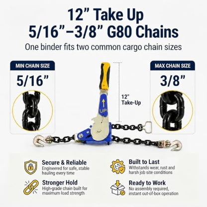5/16"-3/8" EZ Ratchet Chain Binder with G70 Grab Hooks, Ratchet Load Binder Kit, 5400 lbs WLL Heavy Duty Cargo Tie Down for Flatbed Trailers & Trucks (5/16" - 3/8"(1 Pack))