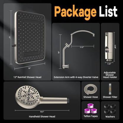 13'' 5 Spray Showerhead (Square 13" with 2 filters / Brushed Nickel)