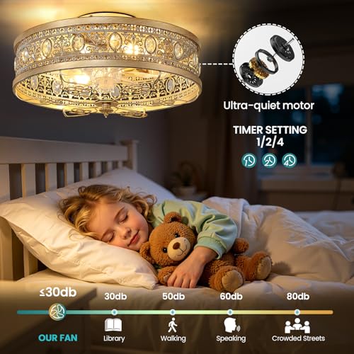 Caged Ceiling Fan with Lights 19" Gold Vintage Rustic Crystal Fandelier Farmhouse Ceiling Fan with Remote Low Profile Bladeless Chandelier Fan Light Fixture for Bedroom Kitchen Living Room (Gold / Flush Mount)