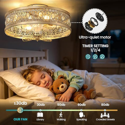 Caged Ceiling Fan with Lights 19" Gold Vintage Rustic Crystal Fandelier Farmhouse Ceiling Fan with Remote Low Profile Bladeless Chandelier Fan Light Fixture for Bedroom Kitchen Living Room (Gold / Flush Mount)