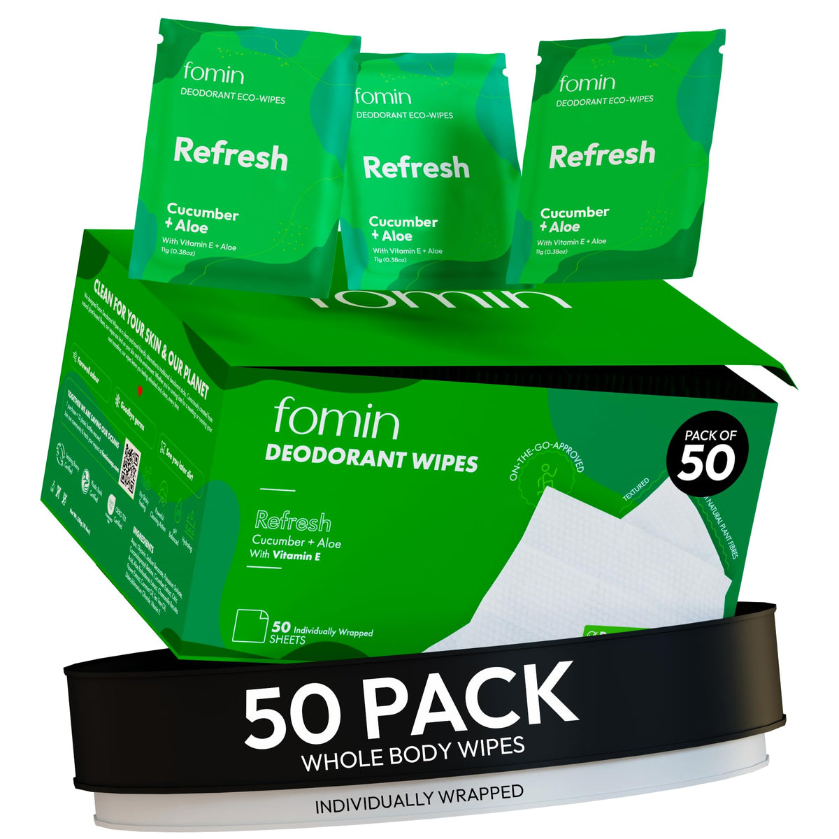 Travel Deodorant Wipes for Women & Men (Refresh - Cucumber Aloe - 50 Count)
