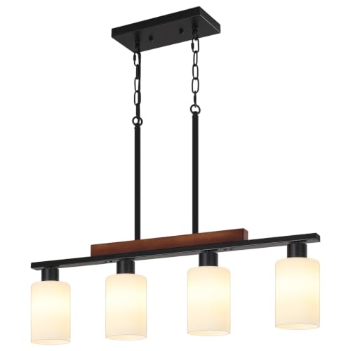 Farmhouse Island Lights for Kitchen Black Dining Room Light Fixtures Over Table with White Shade Wood Linear Chandelier Lighting with Adjustable for Kitchen Island Dining Room