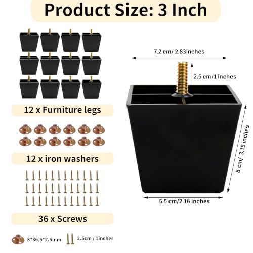 FabricJoy 12 Pack Plastic Furniture Legs Square Sofa Couch Legs Replacement Tapered Feet with M8 T