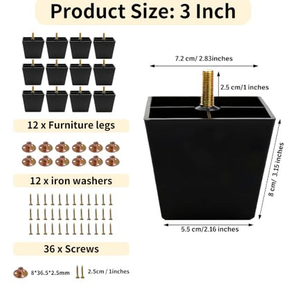 FabricJoy 12 Pack Plastic Furniture Legs Square Sofa Couch Legs Replacement Tapered Feet with M8 T