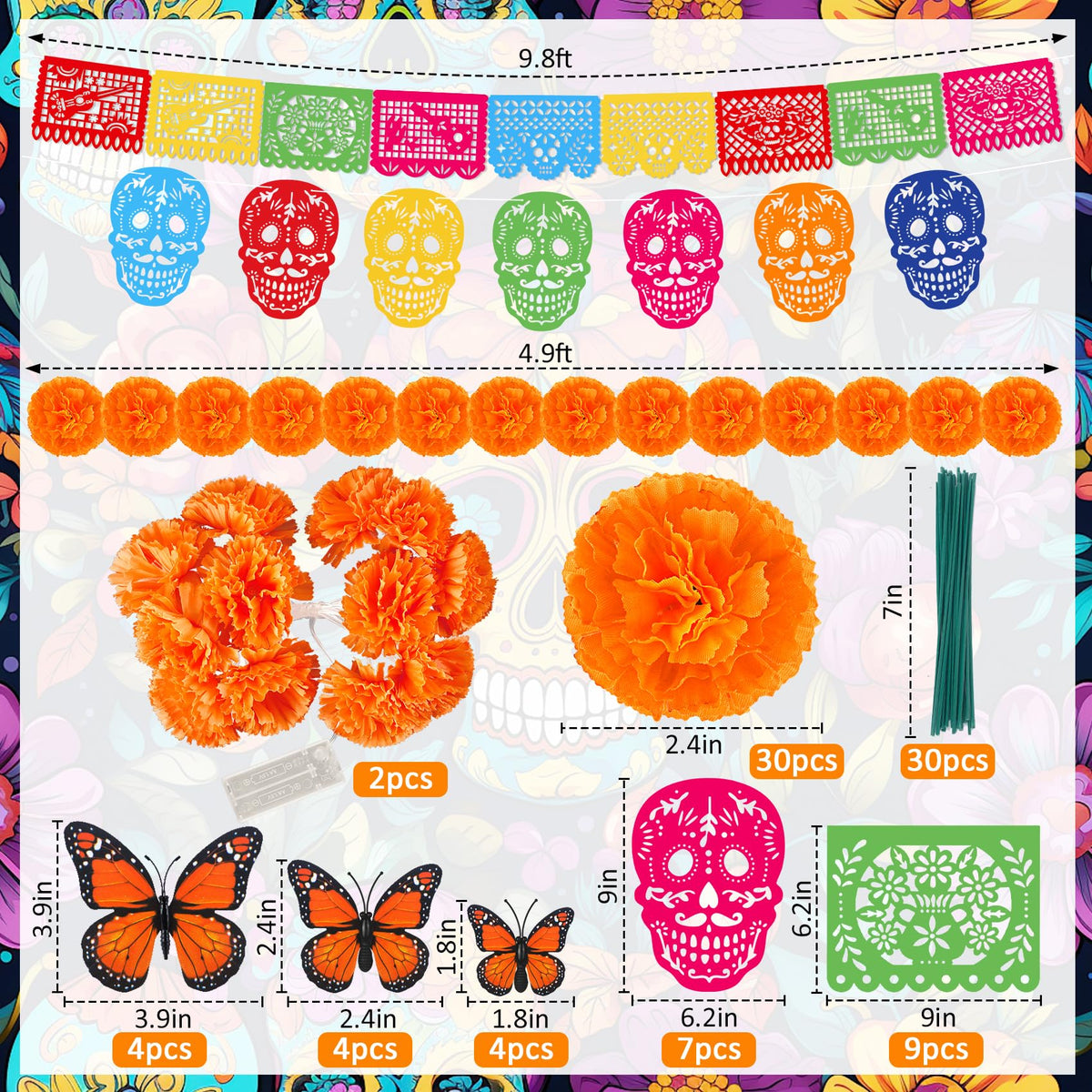60Pcs Day of the Dead Decor (Orange)
