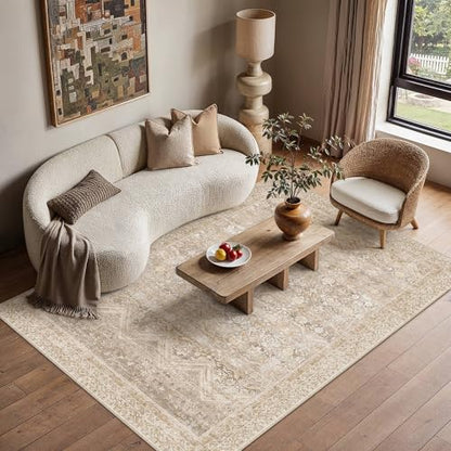5x7 Area Rugs Retro Beige Washable Rug (Beige / 5' x 7' (Rectangular))