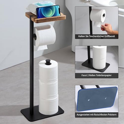 Freestanding Toilet Paper Holder Stand with Wood Shelf