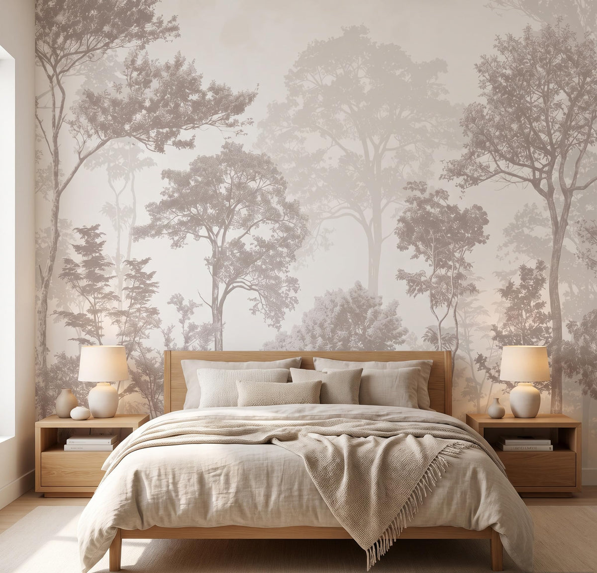 Neutral Forest Wallpaper Soft Beige Woodland Landscape Mural (Sa Mural 14 / 96" x 96")