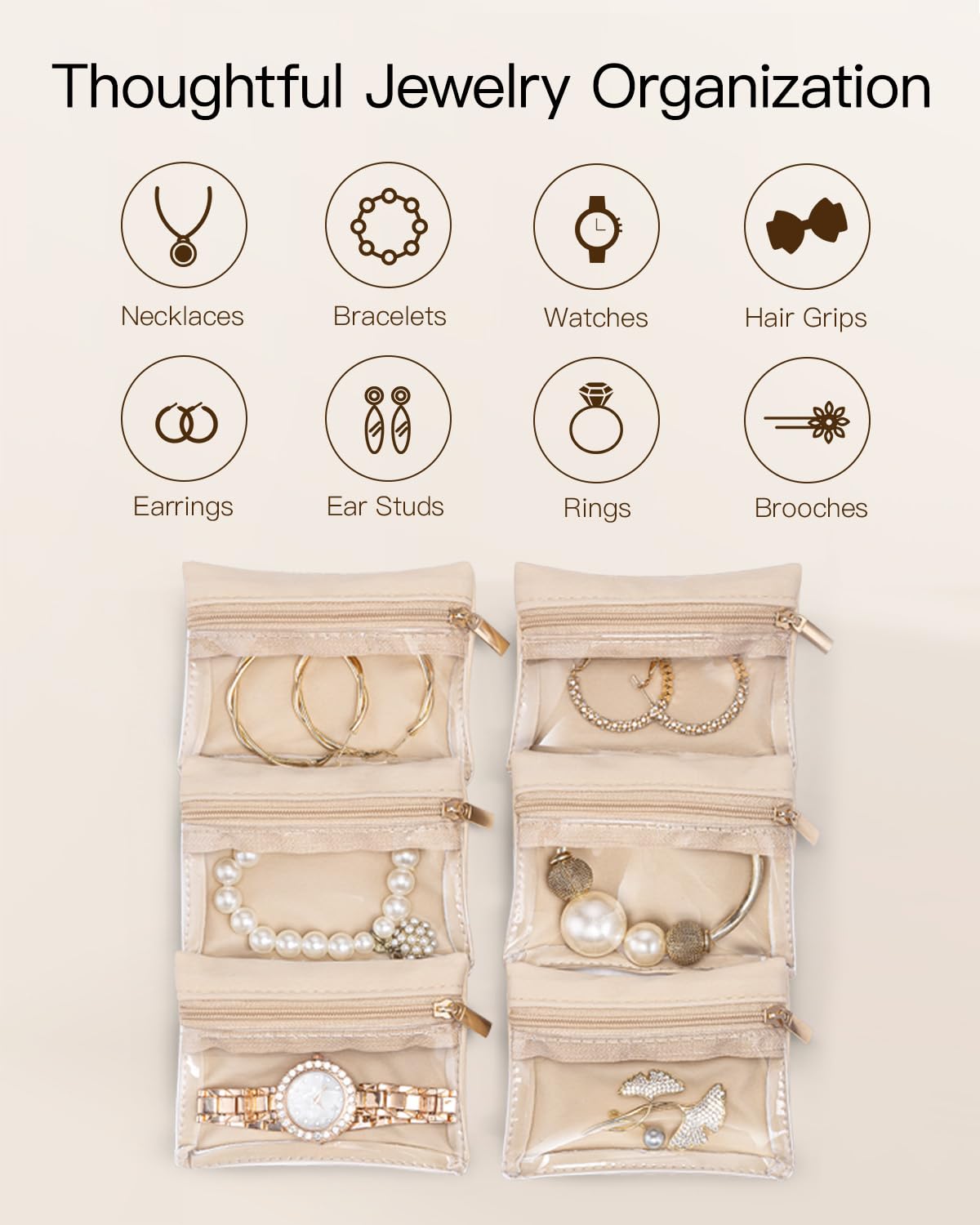 Travel Jewelry Organizer Case with 6 Clear Velvet Zipper Pouches (F.6 PCS Pink)