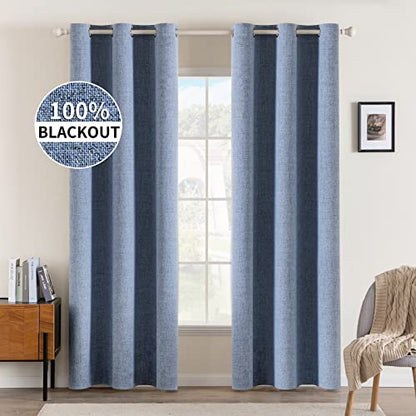 100% Blackout Linen Curtains for Bedroom 42x90 Inches Stone Blue (Stone Blue / 42"W x 90"L (Pack of 2))