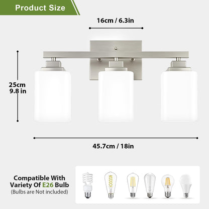 Brushed Nickel Bathroom Light Fixtures (Nickel-White Shade / 3-Light)
