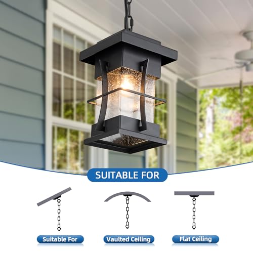 Outdoor Pendant Light Black Mission Style Hanging Lantern with Seeded Glass Waterproof Outdoor Ceiling Mount Light