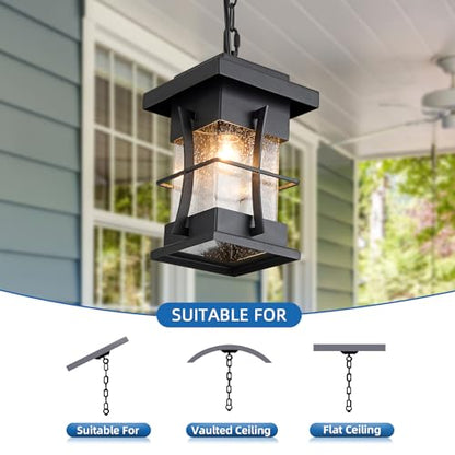 Outdoor Pendant Light Black Mission Style Hanging Lantern with Seeded Glass Waterproof Outdoor Ceiling Mount Light