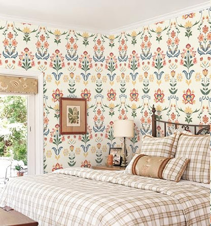 Boho Peel and Stick Wallpaper Vintage Floral Wallpaper (17.3" x 196.8" / Red/Yellow)