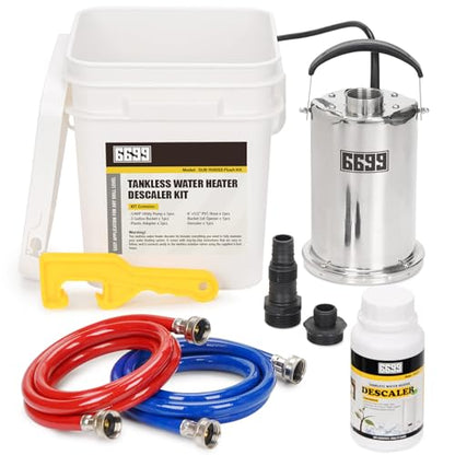 Tankless Water Heater Flushing Kit Includes Stainless Steel Pump with Two Adapters & Cleaner & 3 Gallons Pail with Bucket Lid Opener & Two 1