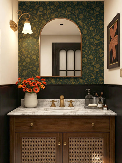 Dark Green and Gold Floral Peel and Stick Wallpaper 17in x118in (Green/Gold / 17.3" x 118.1")