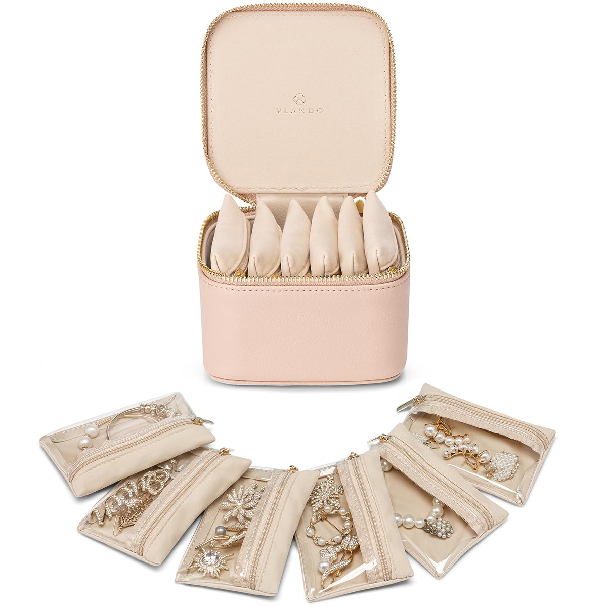 Jewelry Boxes for Women with 6 Clear Velvet Zipper Pouches (B.6 PCS Khaki)