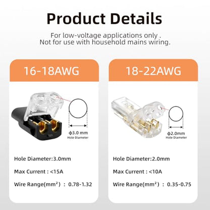 40 PCS Quick Wire Connectors Double Wire Plug in Connector with Locking Buckle No Stripping Easy Connect for Low Voltage DIY Project LED Strips Lights