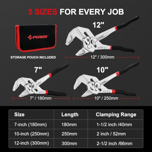 7/10/12-Inch Pliers Wrench, CR-V Adjustable Wrench, Smooth Parallel Jaws, Groove Lock, Non-Slip Handle, with Storage Bag for home, Plumbing, Faucet, Pipe & Home Repair