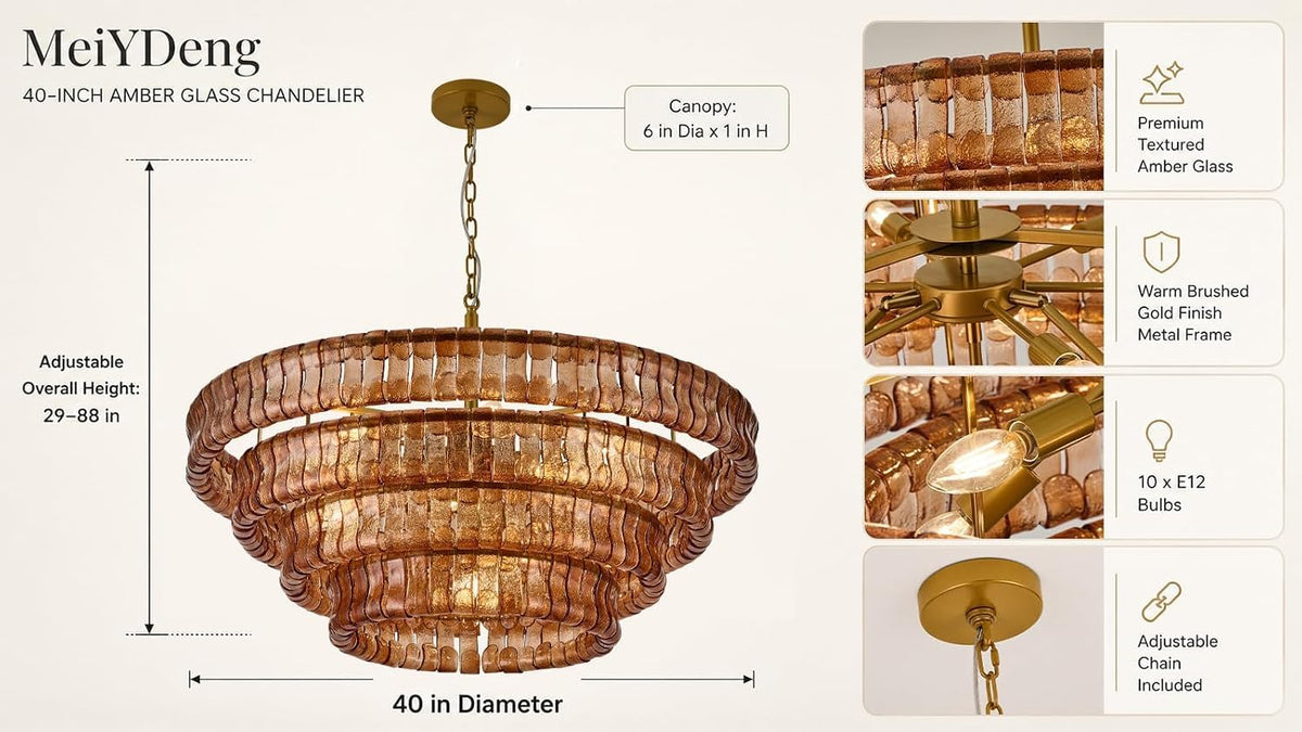 4 Tier 40 Inch Amber Crystal Glass Chandeliers (Amber Gold / 40")