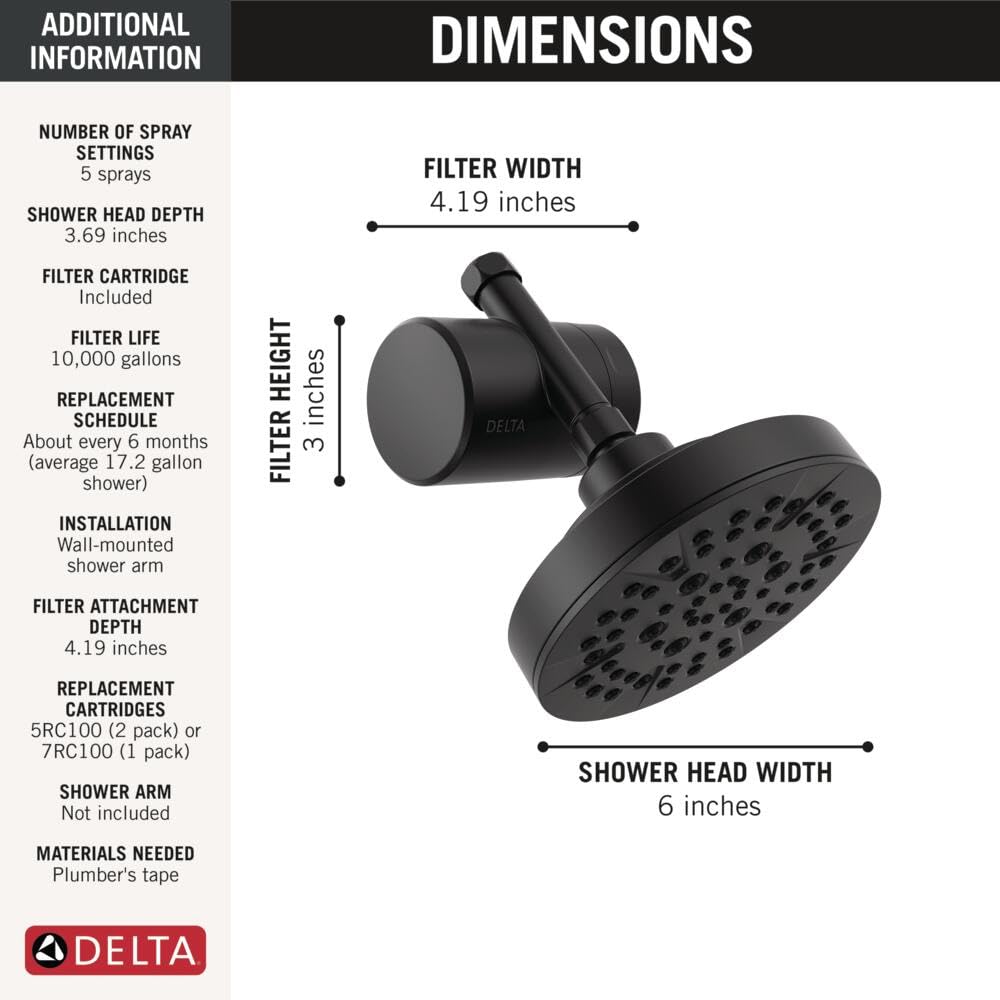 5 Setting Shower Head Matte Black with Clarifi Standard Shower Filter Attachment with Filter (Matte Black)