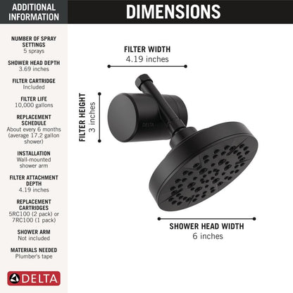 5 Setting Shower Head Matte Black with Clarifi Standard Shower Filter Attachment with Filter (Matte Black)