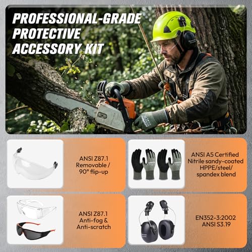 Arborist Helmet Kit with Earmuffs (Lime / Glove Size (M))