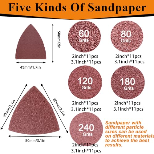 110Pcs Oscillating Tool Sanding Pads Kit Triangle Sanding Pads and Finger Sanding Pad Fit for Finishing Wood Plaster Metal Leather