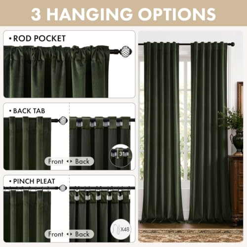 Olive Green Velvet Curtains 4 Panel Set Back Tab 40x120 Inch Long (Olive Green / 40"W x 120"L (Pack of 4))