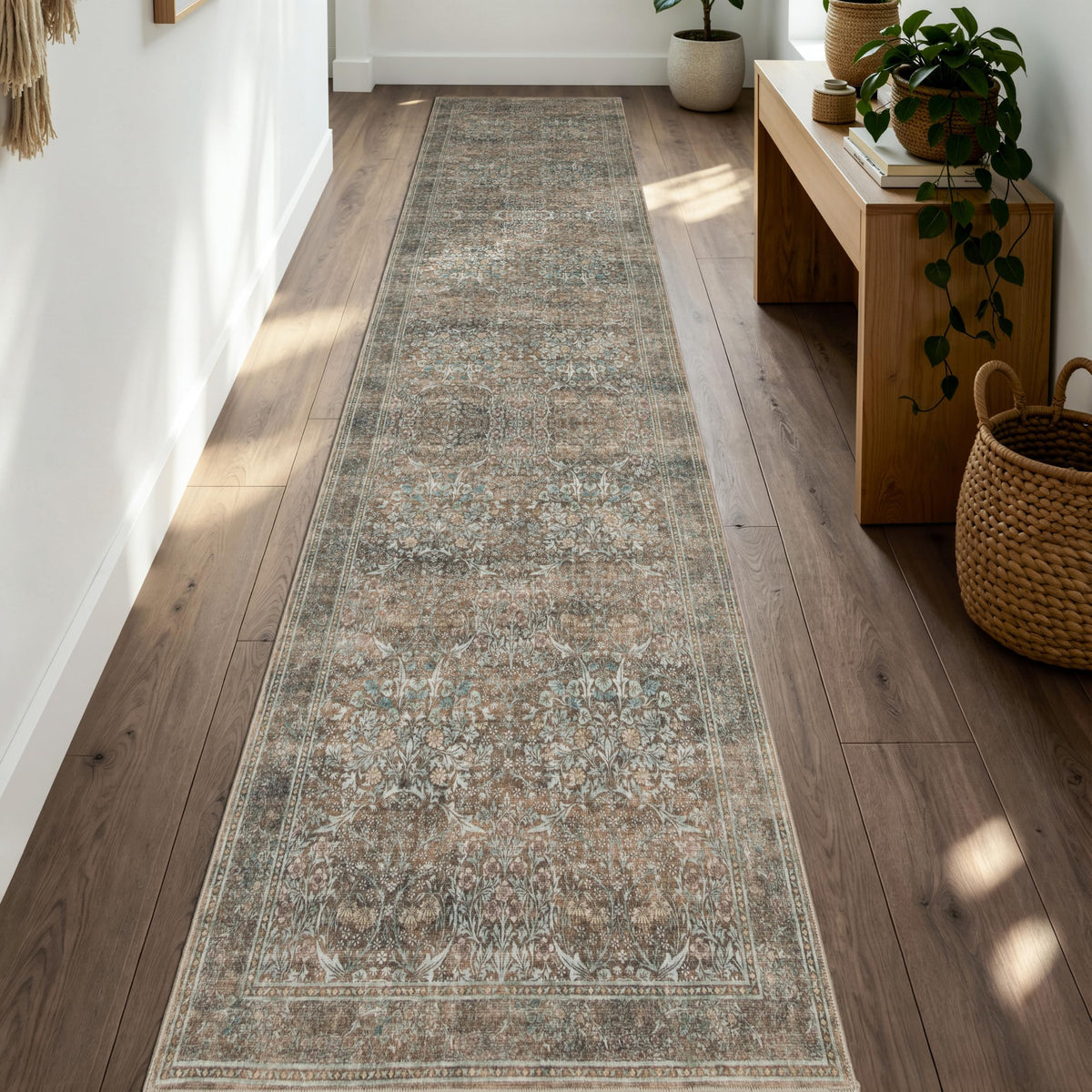Runner Rug 2x10 Washable Vintage Floral Rug (Vintage Brown / 2' x 10' (Rectangular))