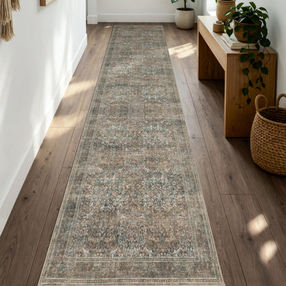 Runner Rug 2x10 Washable Vintage Floral Rug (Vintage Brown / 2' x 10' (Rectangular))